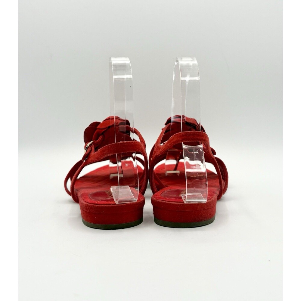 Chanel Red Suede Sandals w/ Camelia Flower Accents Pearls T Strap Size EU 37 - Picture 5 of 13